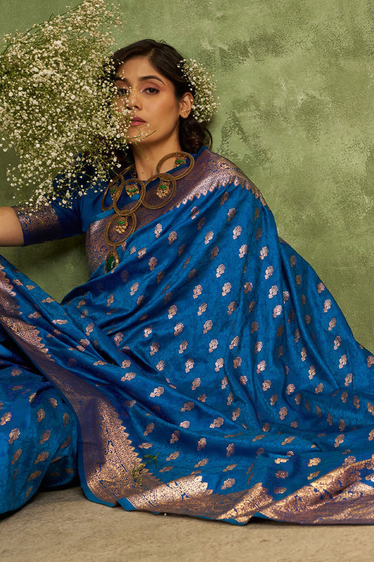 Captivating Blue Pure Zari Weaving Banarasi Silk Saree With Outstanding Blouse Piece