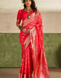 Arresting Dark Pink Pure Zari Weaving Banarasi Silk Saree With Serendipity Blouse Piece