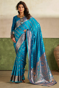 Bucolic Firozi Pure Zari Weaving Banarasi Silk Saree With Murmurous Blouse Piece