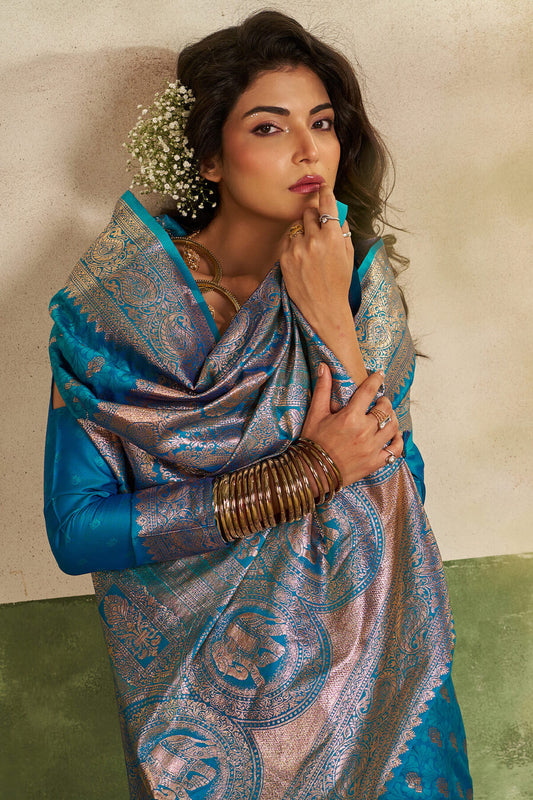 Bucolic Firozi Pure Zari Weaving Banarasi Silk Saree With Murmurous Blouse Piece