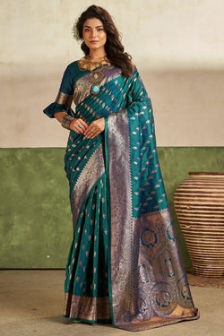 Trendy Rama Pure Zari Weaving Banarasi Silk Saree With Quixotic Blouse Piece