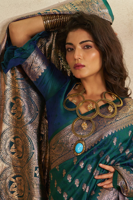 Trendy Rama Pure Zari Weaving Banarasi Silk Saree With Quixotic Blouse Piece