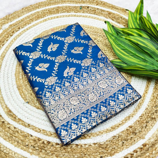 Demure Blue Pure Zari Weaving Banarasi Silk Saree With Adorning Blouse Piece