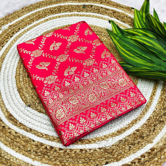 Efflorescence Dark Pink Pure Zari Weaving Banarasi Silk Saree With Engrossing Blouse Piece