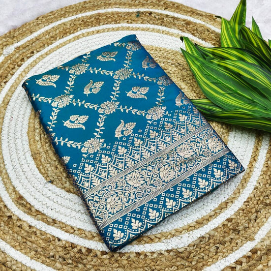 Zephyr Firozi Pure Zari Weaving Banarasi Silk Saree With Amazing Blouse Piece