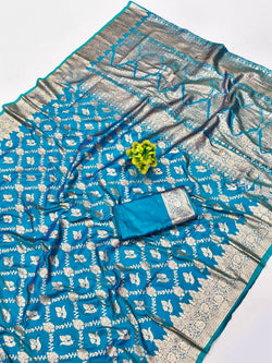 Zephyr Firozi Pure Zari Weaving Banarasi Silk Saree With Amazing Blouse Piece