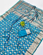 Zephyr Firozi Pure Zari Weaving Banarasi Silk Saree With Amazing Blouse Piece