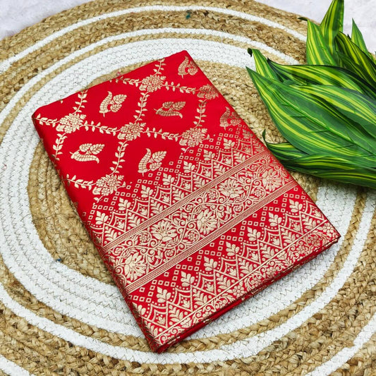 Incredible Red Pure Zari Weaving Banarasi Silk Saree With Unequalled Blouse Piece