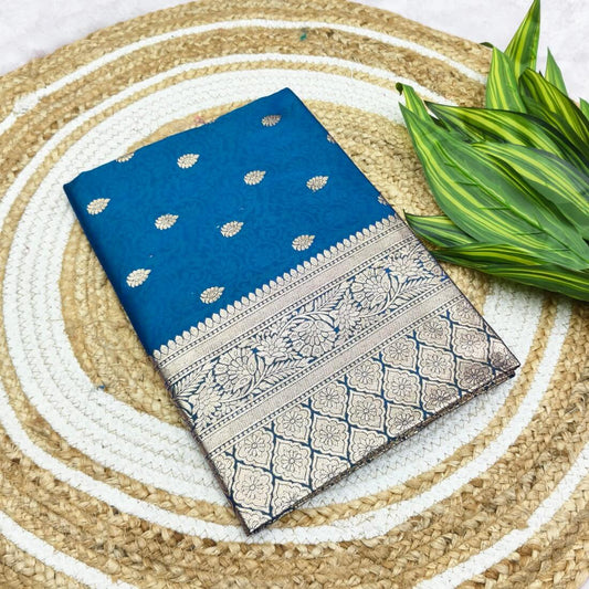 Majesty Blue Pure Zari Weaving Banarasi Silk Saree With Stunning Blouse Piece