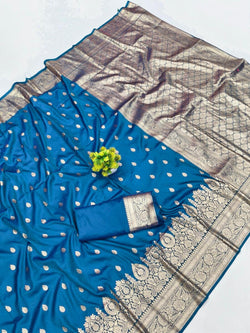 Majesty Blue Pure Zari Weaving Banarasi Silk Saree With Stunning Blouse Piece