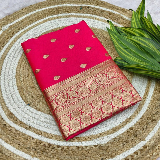Prodigal Dark Pink Pure Zari Weaving Banarasi Silk Saree With Flamboyant Blouse Piece