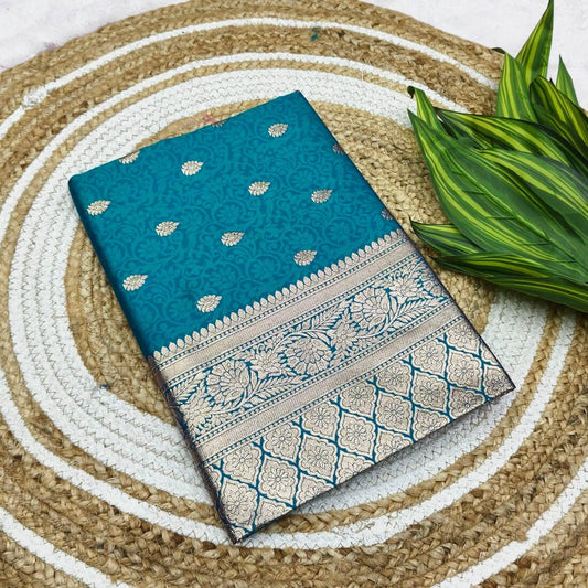 Winsome Firozi Pure Zari Weaving Banarasi Silk Saree With Precious Blouse Piece