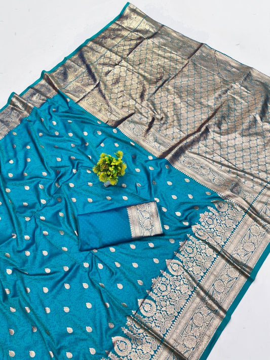 Winsome Firozi Pure Zari Weaving Banarasi Silk Saree With Precious Blouse Piece