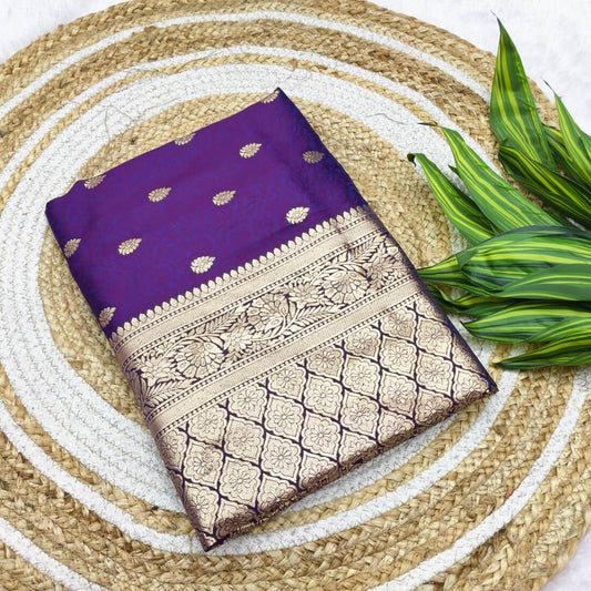 Evocative Purple Pure Zari Weaving Banarasi Silk Saree With Glittering Blouse Piece