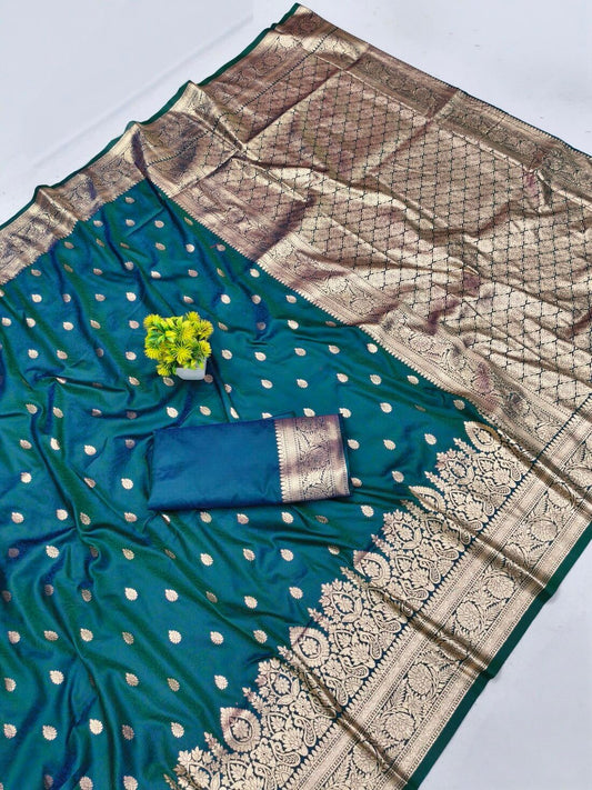 Adorable Rama Pure Zari Weaving Banarasi Silk Saree With Forbearance Blouse Piece