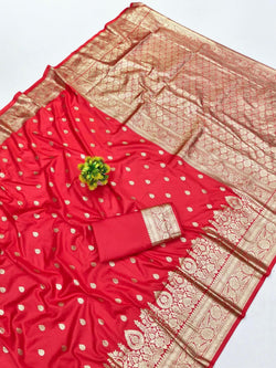 Staring Red Pure Zari Weaving Banarasi Silk Saree With Scintillating Blouse Piece