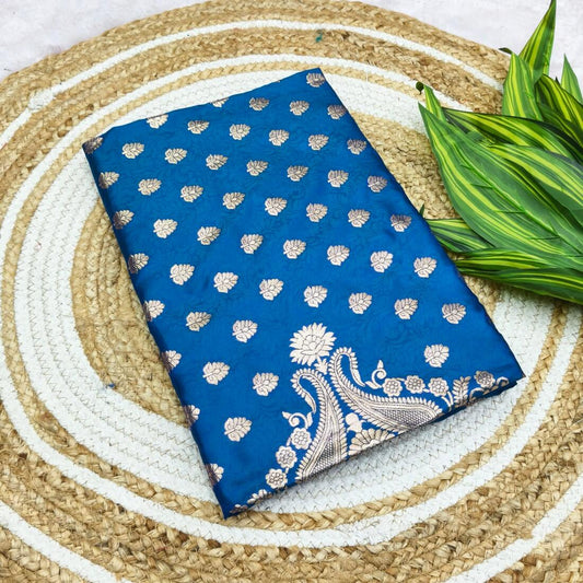 Impressive Blue Pure Zari Weaving Banarasi Silk Saree With Mellifluous Blouse Piece