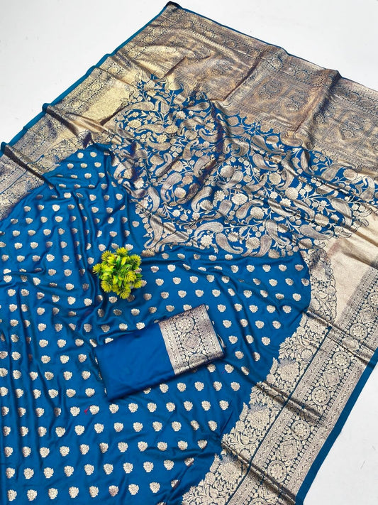 Impressive Blue Pure Zari Weaving Banarasi Silk Saree With Mellifluous Blouse Piece