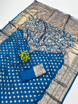 Impressive Blue Pure Zari Weaving Banarasi Silk Saree With Mellifluous Blouse Piece