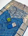 Impressive Blue Pure Zari Weaving Banarasi Silk Saree With Mellifluous Blouse Piece