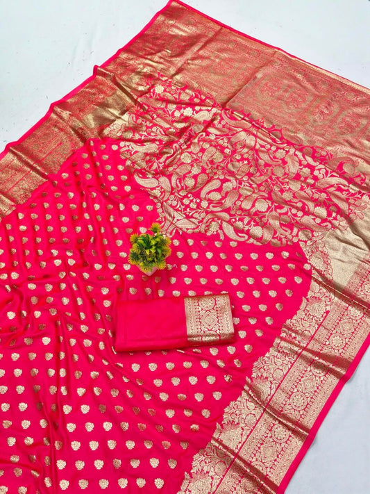 Conflate Dark Pink Pure Zari Weaving Banarasi Silk Saree With Surreptitious Blouse Piece