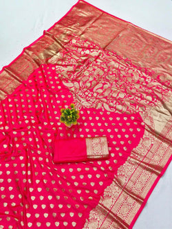 Conflate Dark Pink Pure Zari Weaving Banarasi Silk Saree With Surreptitious Blouse Piece