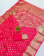 Conflate Dark Pink Pure Zari Weaving Banarasi Silk Saree With Surreptitious Blouse Piece