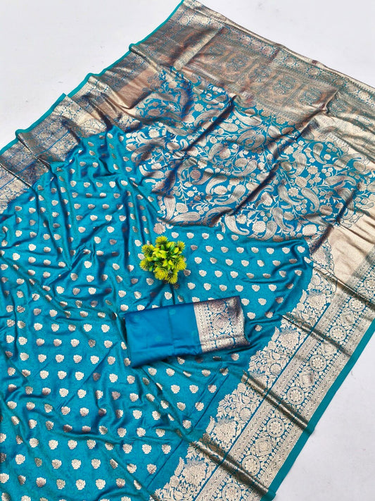 Felicitous Firozi Pure Zari Weaving Banarasi Silk Saree With Symmetrical Blouse Piece