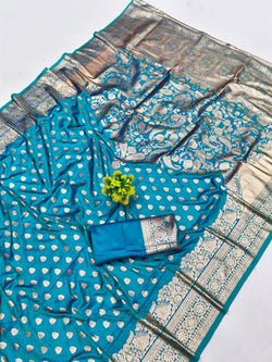 Felicitous Firozi Pure Zari Weaving Banarasi Silk Saree With Symmetrical Blouse Piece