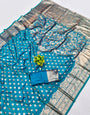Felicitous Firozi Pure Zari Weaving Banarasi Silk Saree With Symmetrical Blouse Piece