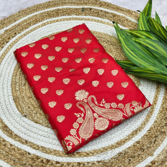 Lassitude Red Pure Zari Weaving Banarasi Silk Saree With Tremendous Blouse Piece