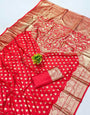 Lassitude Red Pure Zari Weaving Banarasi Silk Saree With Tremendous Blouse Piece