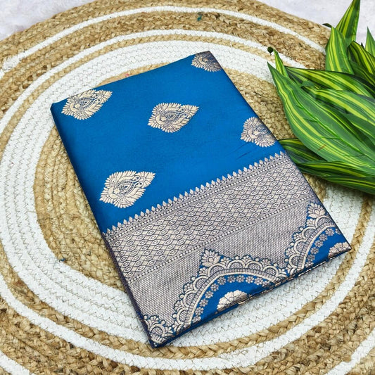 Evanescent Blue Pure Zari Weaving Banarasi Silk Saree With Deserving Blouse Piece