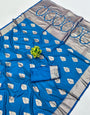 Evanescent Blue Pure Zari Weaving Banarasi Silk Saree With Deserving Blouse Piece