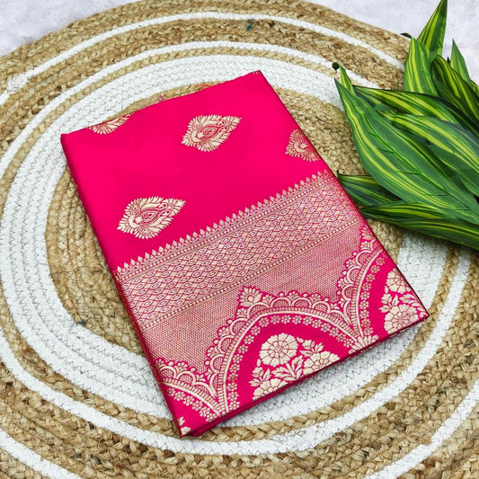 Glowing Dark Pink Pure Zari Weaving Banarasi Silk Saree With Super classy Blouse Piece