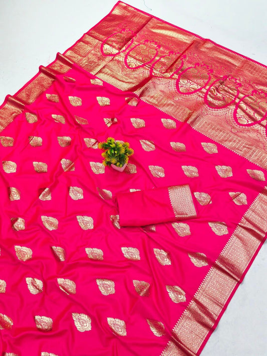 Glowing Dark Pink Pure Zari Weaving Banarasi Silk Saree With Super classy Blouse Piece