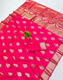 Glowing Dark Pink Pure Zari Weaving Banarasi Silk Saree With Super classy Blouse Piece