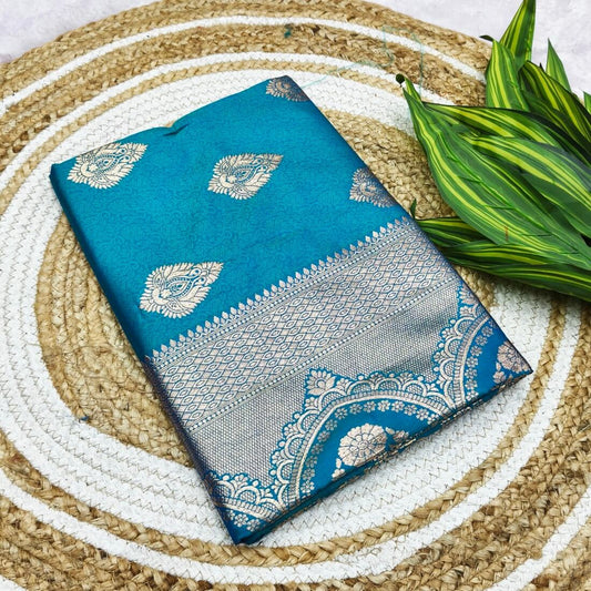 Supernal Firozi Pure Zari Weaving Banarasi Silk Saree With Sonorous Blouse Piece