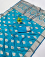 Supernal Firozi Pure Zari Weaving Banarasi Silk Saree With Sonorous Blouse Piece