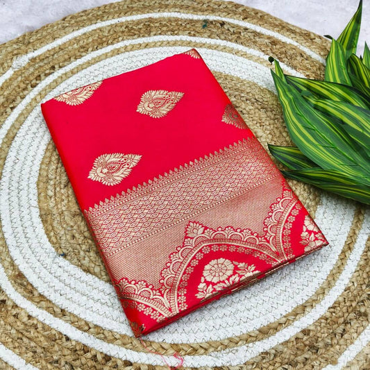 Snazzy Red Pure Zari Weaving Banarasi Silk Saree With Vibrant Blouse Piece