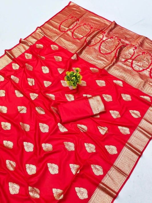 Snazzy Red Pure Zari Weaving Banarasi Silk Saree With Vibrant Blouse Piece