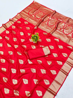 Snazzy Red Pure Zari Weaving Banarasi Silk Saree With Vibrant Blouse Piece