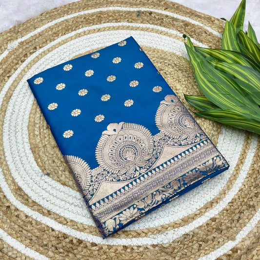 Gleaming Blue Pure Zari Weaving Banarasi Silk Saree With Fugacious Blouse Piece