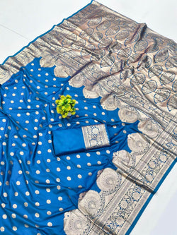 Gleaming Blue Pure Zari Weaving Banarasi Silk Saree With Fugacious Blouse Piece