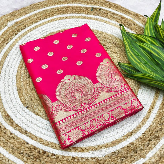 Most Flattering Dark Pink Pure Zari Weaving Banarasi Silk Saree With Rhapsody Blouse Piece