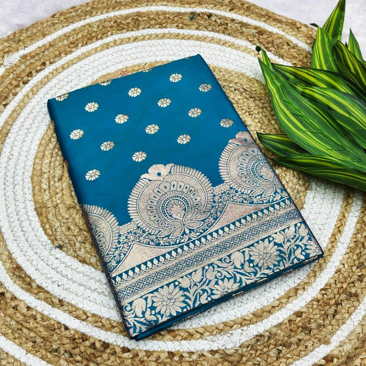 Proficient Firozi Pure Zari Weaving Banarasi Silk Saree With Scrumptious Blouse Piece