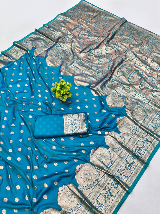 Proficient Firozi Pure Zari Weaving Banarasi Silk Saree With Scrumptious Blouse Piece