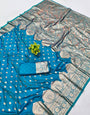 Proficient Firozi Pure Zari Weaving Banarasi Silk Saree With Scrumptious Blouse Piece