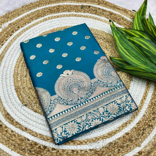 Invaluable Rama Pure Zari Weaving Banarasi Silk Saree With Brood Blouse Piece
