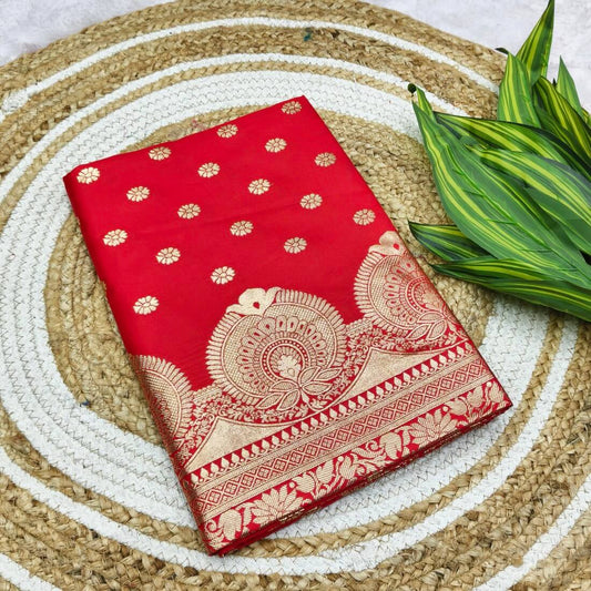 Extraordinary Red Pure Zari Weaving Banarasi Silk Saree With Delectable Blouse Piece